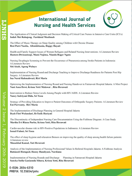 					View Vol. 2 No. 1 (2019): International Journal of Nursing and Health Services (IJHNS)
				